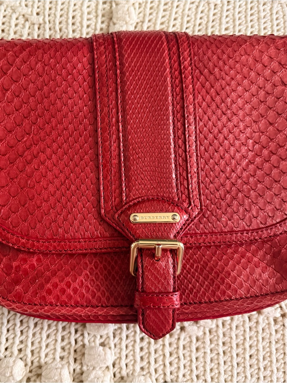 Burberry Red Textured Python-Style Leather Crossbody with Gold Buckle